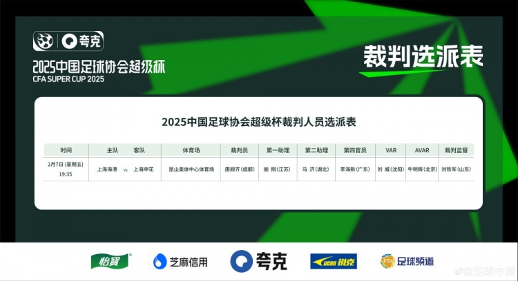  超級杯海港vs申花裁判員名單：主裁判唐順齊，VAR劉威