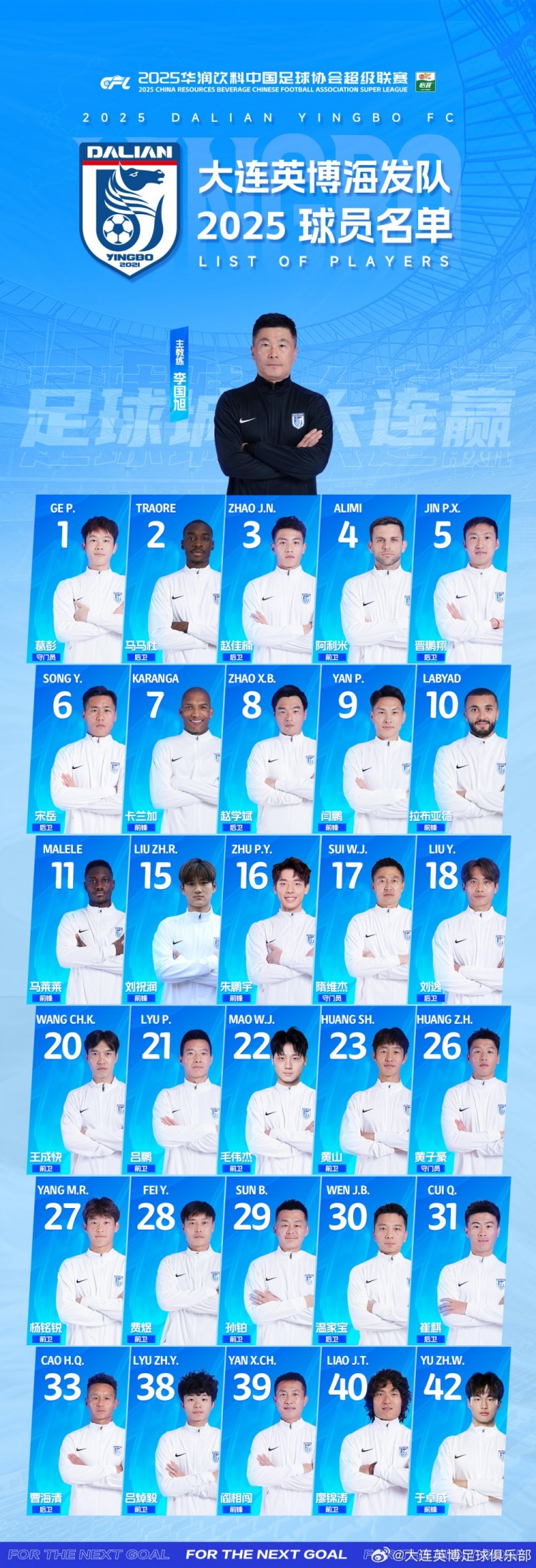  大連英博一線隊(duì)名單：10號(hào)拉布亞德領(lǐng)銜五外援，共30名球員入選